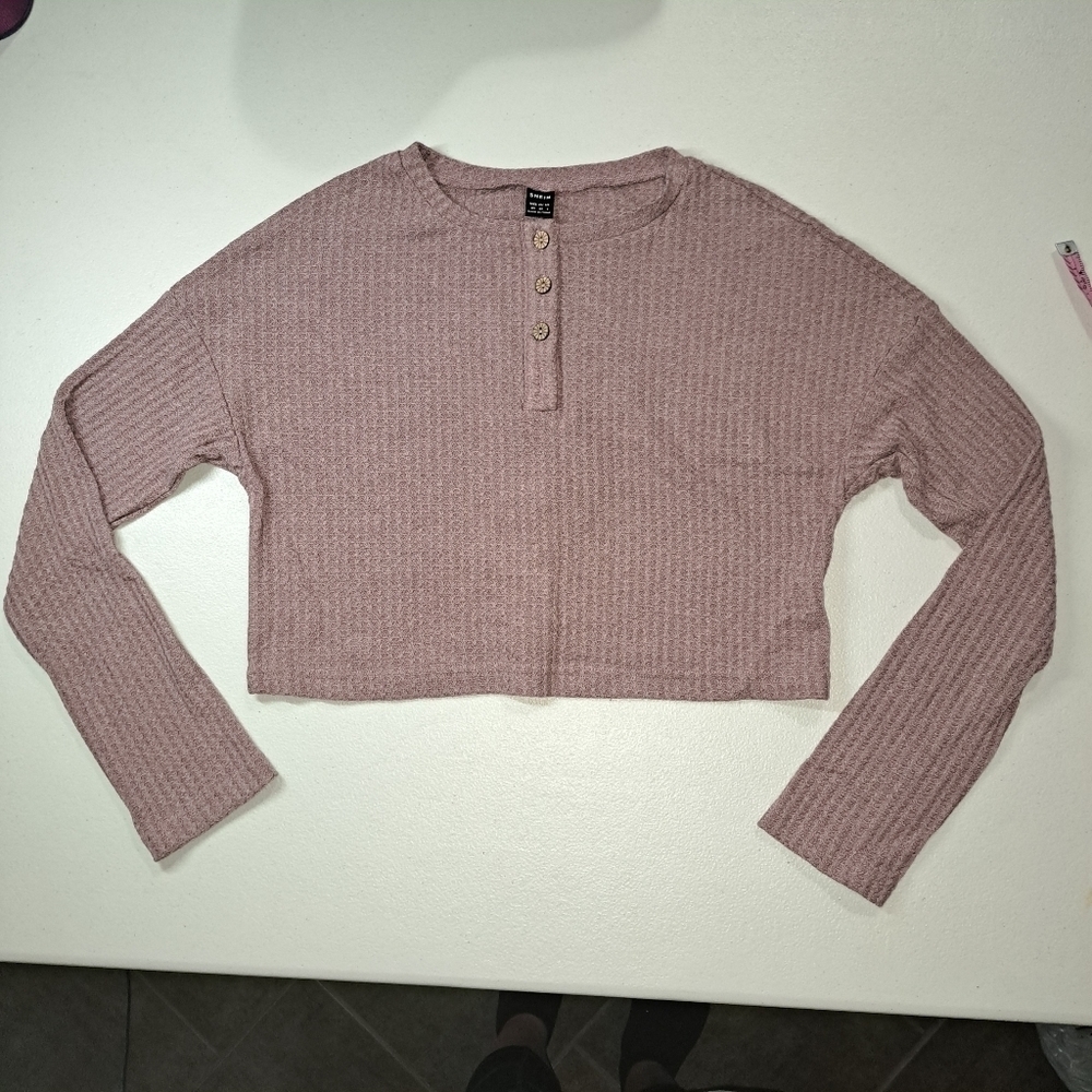 3 FOR 12 SALE SHEIN Long SleeveWaffle Knit Crop Top with Faux Wood Buttons